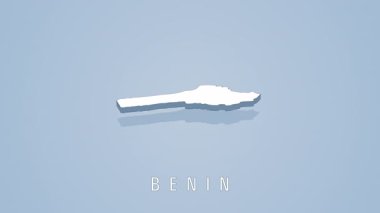 Minimalist açık mavi arkaplan üzerinde pürüzsüz dönen Benin 'in el değmemiş beyaz 3d kartografik tasviri, temiz, profesyonel çizimlerle coğrafi hatlar sergiliyor.