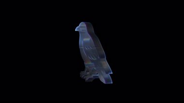 Yanardöner holografik kuzgun, karanlık minimalist arka plana karşı şeffaf dijital görüntüleme, teknolojik sihir ve görsel mistik sergileniyor