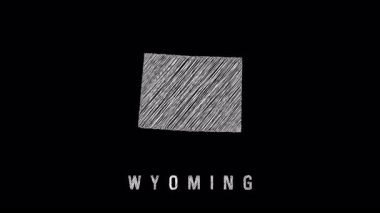 Scribble biçimi animasyon haritası Wyomings hatlarını dinamik tipografi ile ortaya koyuyor, sert siyah arkaplan, coğrafi anahatları vurguluyor