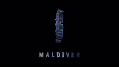 Parlak hologram projeksiyonu ayrıntılı maldivler haritasını gösteriyor, parlak siyah arkaplan üzerinde dönüyor, takımadaların coğrafi zarafetini ve dijital tasarım yeniliklerini vurguluyor