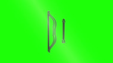 Yeşil ekran üzerinde düzgün bir şekilde dönen gümüş yay ve ok kusursuz alfa kanal animasyonu ile karmaşık okçuluk ekipmanı tasarımını ortaya çıkarıyor.