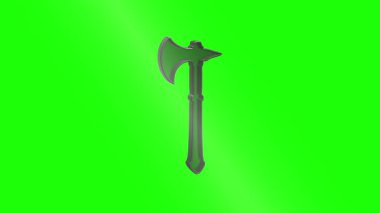 Yeşil ekran arka planında dönen metalik viking baltası, fantezi veya tarihi projeler için mükemmel