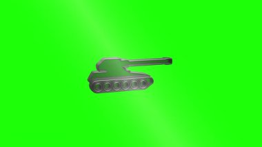 Metalik askeri tank yeşil ekran arkaplanı üzerinde sorunsuzca dönüyor, krom anahtarlama görsel efektler ve dijital tasarım uygulamaları için pürüzsüz bir hareket sergiliyor