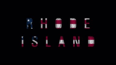 Rhode Island eyalet ismi, Amerikan bayrağı desenli, karanlık arka planda beliren, ulusal gurur ve coğrafi kimliği sembolize eden nahoş Amerikan bayrağı grafiğini sunar.