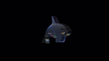 Cam balina heykeli pürüzsüzce dönüyor, derin siyah arka plana karşı kristal detayları ortaya çıkarıyor, deniz yırtıcıları parlak, yanardöner yansıması ile parlak siluet sergiliyor