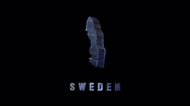 Etkili görseller için siyah bir arkaplan üzerinde izole edilmiş, altında animasyon metin ile dönen üç boyutlu dinamik İsveç haritası