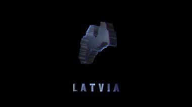 Koyu arkaplanda dönen Letonya haritası, dijital arıza bozulması ve gelecekteki görsel gösterimle coğrafi hatları ortaya koyuyor