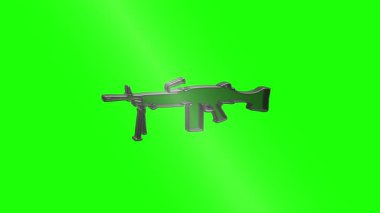 Ak-47 tüfeği canlı yeşil bir ekranda dönüyor, yapısını kusursuz sonsuz bir döngüyle vurguluyor.