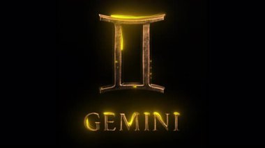 Karanlık kozmik arkaplana karşı alevli kıvılcımlarla parlayan altın renkli ikiz burç sembolü mistik astrolojik enerjiyi ve ilahi gücü ortaya çıkarıyor.