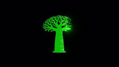 Yeşil biçimlendirilmiş baobab ağacı parçacıklardan oluşur ve siyah arkaplanda izole edilmiş parçacıklara ayrılır.