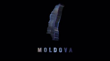 Parlak Moldova haritası dijital arıza efektiyle dönüyor, modern 3d animasyonu aracılığıyla koyu arkaplan üzerindeki ülkelerin hatlarını ortaya çıkarıyor