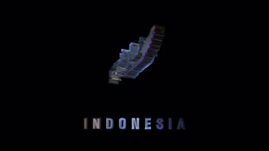 Holografik Endonezya haritası dinamik olarak dönüyor, modern dijital tasarım ile parlak siyah arka plana karşı renkli ulusal kimliği ortaya koyuyor