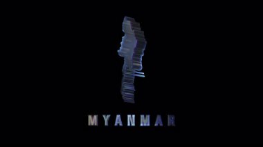 Dijital arıza efektli miyanmar haritasının holografik yansıması, siyah arkaplanda izole edilmiş