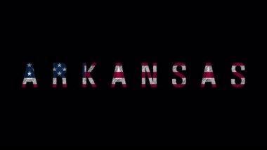 Arkansas eyaleti ismi canlı Amerikan bayrağı renkleriyle canlanıyor, dinamik olarak siyah arkaplan dolduruyor, devlet gururunu ve ulusal kimliğini temsil ediyor.