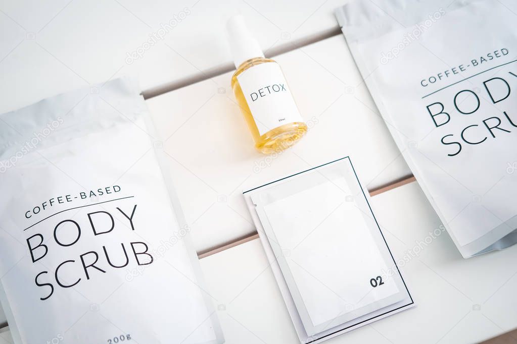 Body, skincare products. Mask, oil, scrub, cleanser, anti ageing treatment. Beauty industry, branding mockup, package design template. White on white, minimalism 