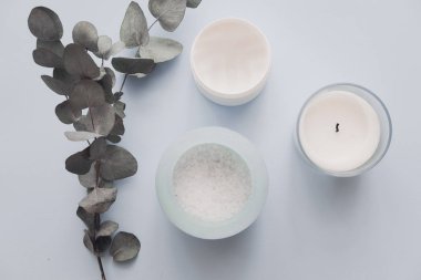 Kadın spa güzellik ürünleri üzerinde pastel mavi artalanları yukarıdan. Vücut, yüz, saç şeker tuz fırçalama, mum, okaliptüs. Minimalizm bloglama kavramı