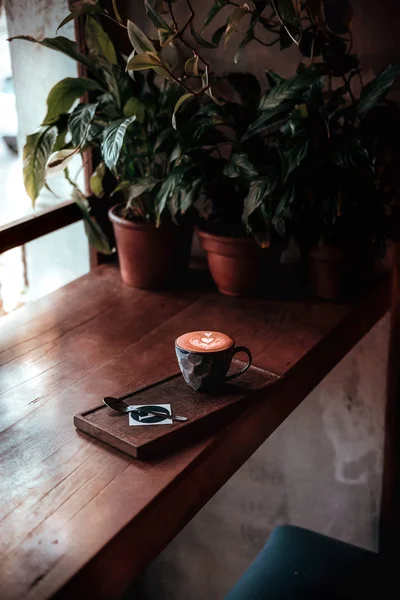 Coffee Latte Art Dark Wooden Table Coffee Shop Vintage Color — Stock Photo, Image