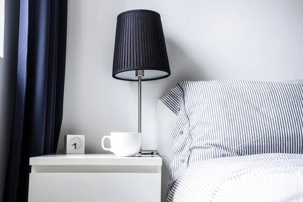 White Blue Bedroom Design Ideas Minimalist Comfort Style Night Table — Stock Photo, Image