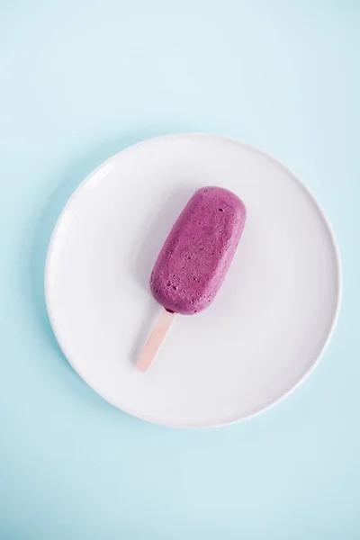 One Raw Vegan Blueberry Popsicle White Plate Pastel Blue Background — Stock Photo, Image