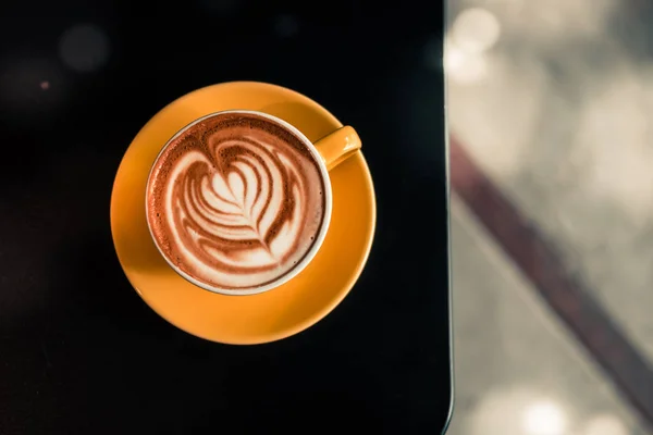 Flat White Coffee Yellow Cup Black Table Hipster Coffee Shop — Stock Photo, Image