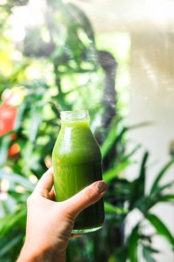 Yeşil suyu, Doğa arka plan ile bir şişe tutan kadının el. Sağlıklı beslenme, detoxing, meyve suyu hazırlama, oruç, vücut cleancing kavramı