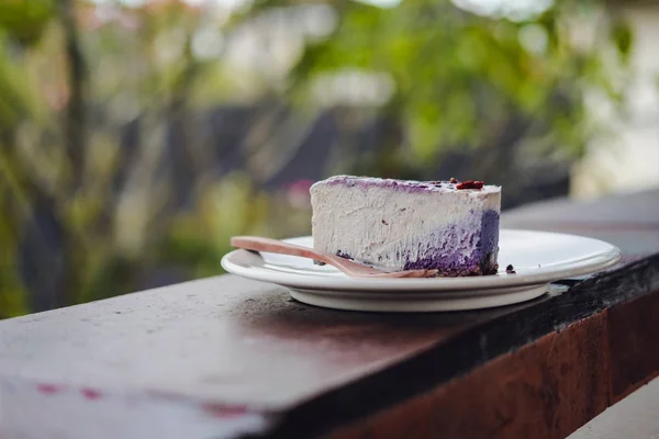Raw vegan no bake blueberry mousse cake. Gluten-free, wheat-free, dairy-free, sugar-free dessert. Copyspace