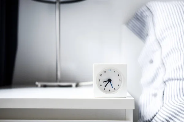 Morning Alarm Clock White Bedroom Interior Copyspace Text Minimalist Concept — Stock Photo, Image