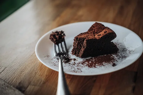 One Slice Vegan Chocolate Brownie Cake Wooden Table Sugar Free Royalty Free Stock Images