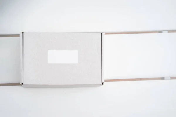 Cajas Artesanales Mesa Blanca Desde Arriba Embalaje Productos Maqueta Marca — Foto de Stock