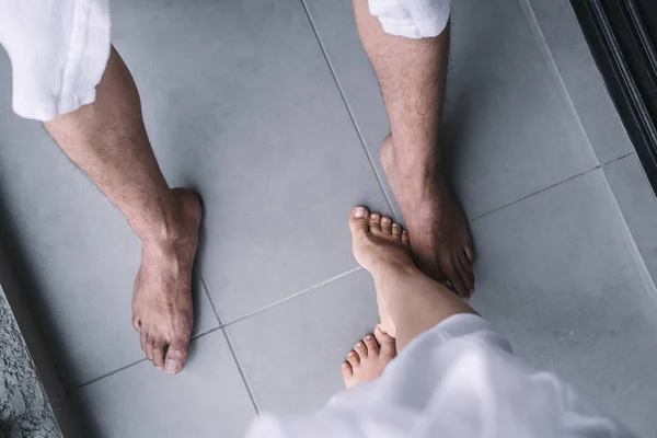 Overhead Feet Young Couple Wearing White Hotel Robes Vacation Valentine — Stock Photo, Image