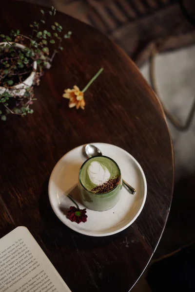 Matcha Latte Art Vegan Coconut Milk Glass — Stock Photo, Image