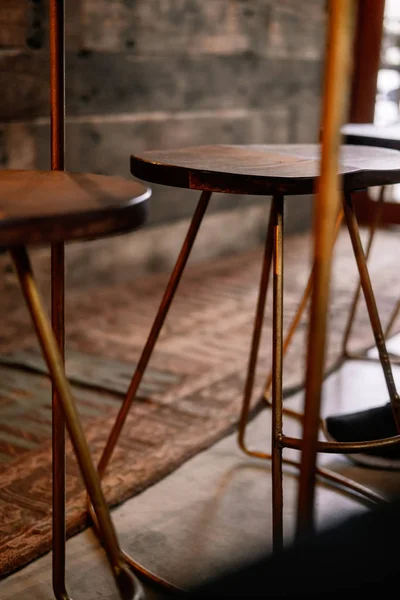 Rustic Wood Bronze Metal Bar Stools Close Details Coffee Shop — Stock Photo, Image