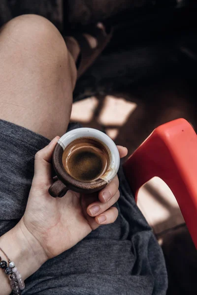 Overhead woman drinking espresso coffee — Stock Photo, Image