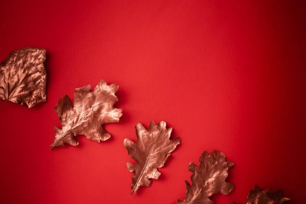 ใบไม้ร่วงสีทองกุหลาบบนพื้นหลังสีแดง — ภาพถ่ายสต็อก