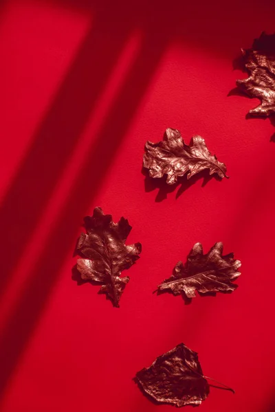 Queda flatlay rosa folhas de ouro no fundo vermelho — Fotografia de Stock