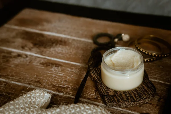 Natural SPA cosmetics on wooden table overhead Stock Image