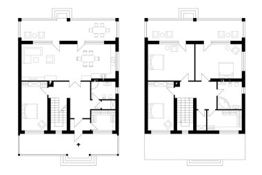 Bir iki katlı manor house bir teras ile mimari planı. Dört yatak odası, mutfak, oturma odası, iki banyo, giyinme odası ve pantries ile bireysel bir iki katlı ev düzeni.