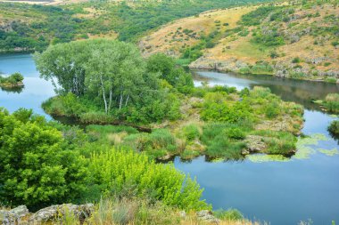Yüksek noktadan Güney Bug Nehri manzarası. Manzara Nehri ile yeşillik ile ada. Nehrin kayalık sahil.
