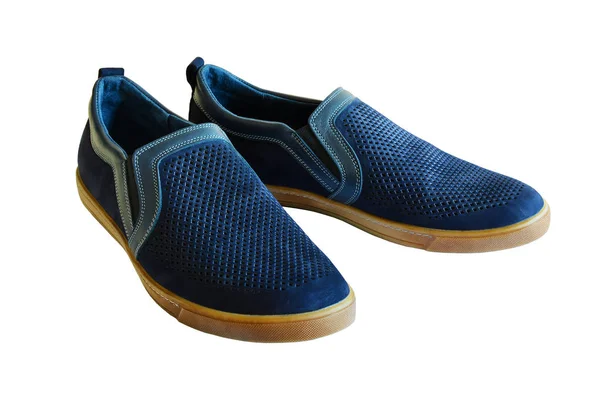 Zapatos Verano Para Hombre Con Perforaciones Zapatos Azules Cuero Fondo — Foto de Stock