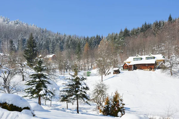 Snow-covered winter town on clear sunny day with bright blue sky. City in the mountains. Winter city Yaremche, Ukrainian Carpathians.