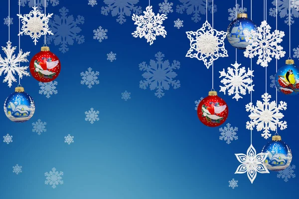 Karácsonyi Újévi Dekoráció Hópelyhek Karácsonyi Golyókat Kék Háttér — Stock Fotó