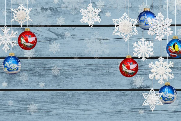 Διακοσμήσεις Χριστουγέννων Και Πρωτοχρονιάς Νιφάδες Χιονιού Και Χριστούγεννα Μπάλες Μπλε — Φωτογραφία Αρχείου