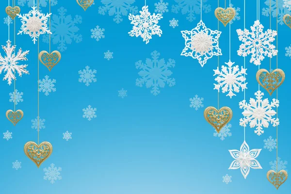 Karácsonyi Újévi Dekoráció Hópelyhek Arany Szív Kék Háttér — Stock Fotó
