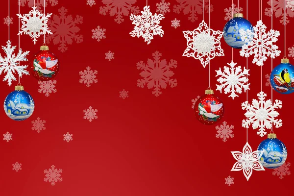 Decorações Natal Ano Novo Flocos Neve Bolas Natal Fundo Vermelho — Fotografia de Stock