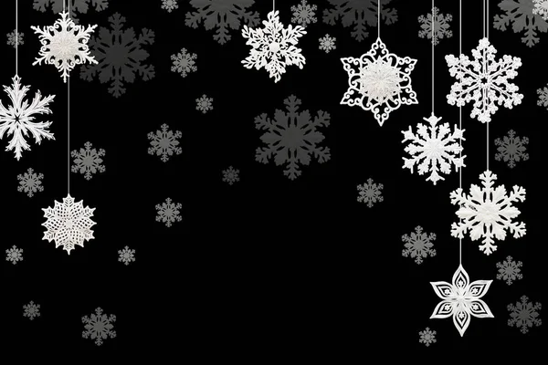 Karácsonyi Újévi Dekoráció Hópelyhek Fekete Háttér Elszigetelt Fekete Háttér — Stock Fotó