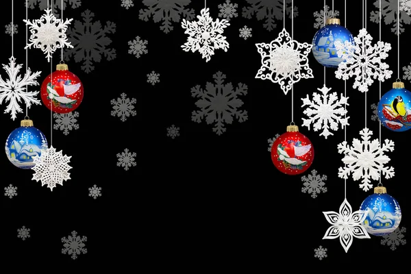 Decorações Natal Ano Novo Flocos Neve Bolas Natal Fundo Preto — Fotografia de Stock