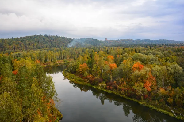 Autumn Landscape Cool Cloudy Day Panoramic View Leaf Fall Forest — Stock Photo, Image