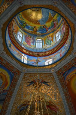 Pochayiv Lavra, Pochayiv, Ukrayna - Eylül, 20, 2018: başkalaşım Katedrali, kutsal Dormition Pochayiv Lavra Ukrayna iç resim. Dini bina, Ortodoks Hıristiyan Katedrali.