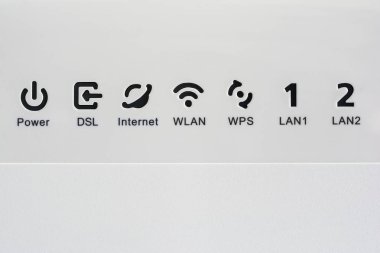 VDSL modem, combined device for modulation and demodulation.  Network icons: DSL, internet, WLAN, WPS, LAN and power. clipart