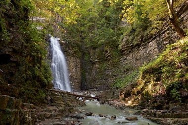 Maniava, Cascade Dağları'nda ormandaki Maniavskyi şelale. Karpat Dağları, Ivano-Frankivska oblast, Ukraine.